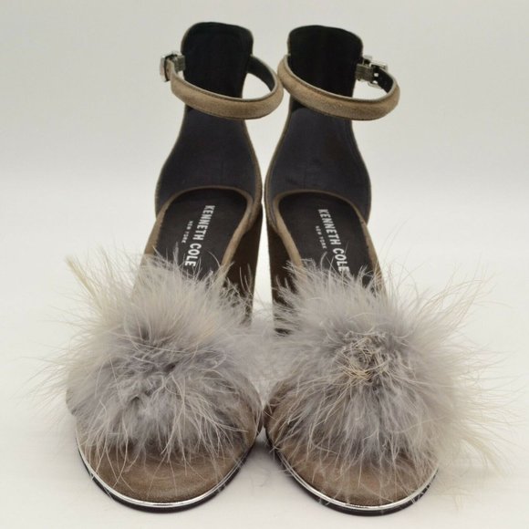 Kenneth Cole Lex Feather Pom Suede Sandals Heels - Picture 3 of 7